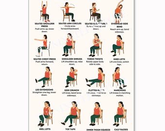 Chair Exercises Poster, Seated Workout Chart, Physical Therapy Wall Art