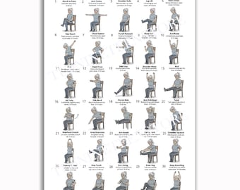 30 Day Chair Yoga Chart Poster, Seated Exercise Guide for Seniors Wall Art