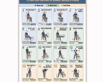 Chair Assisted Tai Chi Men Poster, Seated Exercise Chart, Mobility Fitness Wall Art