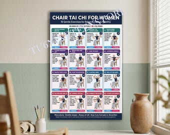 Chair Tai Chi for Women Poster, 16 Gentle Exercises Chart, Seniors Workout Wall Art