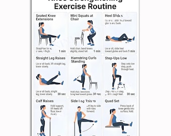 Knee Strengthening Exercise Poster, Physical Therapy Wall Art, Knee Rehab Routine Chart