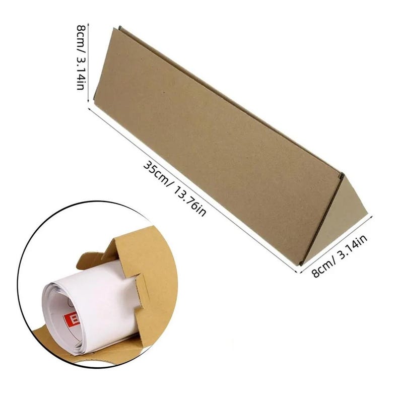 May include: A triangular brown cardboard shipping tube measuring 13.76 inches in length and 3.14 inches on each side. An inset circular view shows the tube open with a white rolled document inside, revealing a small red rectangular label.