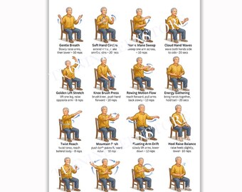 Chair Tai Chi Seniors Poster, Seated Qigong Chart, Senior Fitness Exercises Print