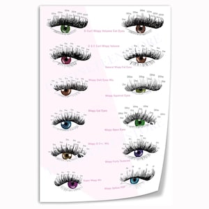 May include: A lash mapping chart featuring twelve illustrations of eyes with various black eyelash extension styles. Each eye displays specific length labels like D10, D13, and D15. Text labels include D Curl Wispy Volume Cat Eyes, Wispy Doll Eyes Mix, Wispy Cat Eyes, and Wispy Spikes POP.