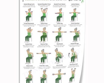 Seated Dumbbell Exercises for Seniors Poster, Chair Strength Training Workout Chart