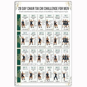 May include: A 28-day chair Tai Chi challenge poster featuring a grid of daily seated exercises. The chart is organized into four weeks labeled Foundation, Strength, Balance, and Mastery, with illustrations and instructions for each movement.