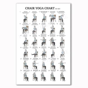 May include: A white poster titled CHAIR YOGA CHART 30-DAY featuring thirty numbered illustrations of a person in a blue shirt and grey pants performing various seated yoga poses on a wooden chair, with instructional text below each figure.