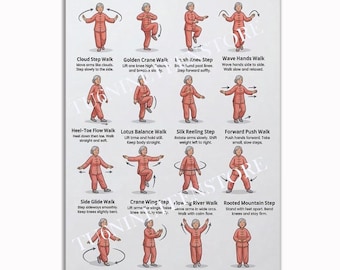 Tai Chi Walking Workout Poster, Senior Women Exercise Chart, Seated Qi Gong Wall Art