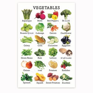 Vegetables Chart Poster, Kitchen Wall Art Decor, Educational Vegetable Guide Print