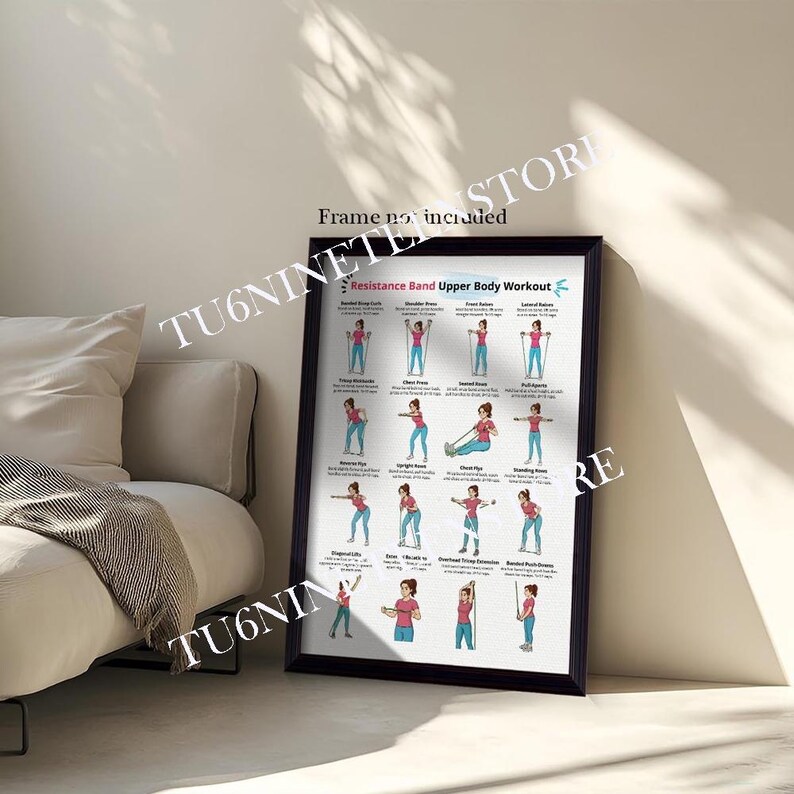 May include: A framed poster titled Resistance Band Upper Body Workout featuring a grid of illustrations showing various exercises with resistance bands. The text includes exercise names and instructions for each movement. The frame is black.