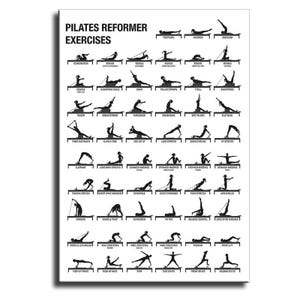 May include: A white poster titled PILATES REFORMER EXERCISES in black text, featuring a grid of numerous black silhouette illustrations showing various exercise positions performed on a pilates reformer machine with labels below each figure.