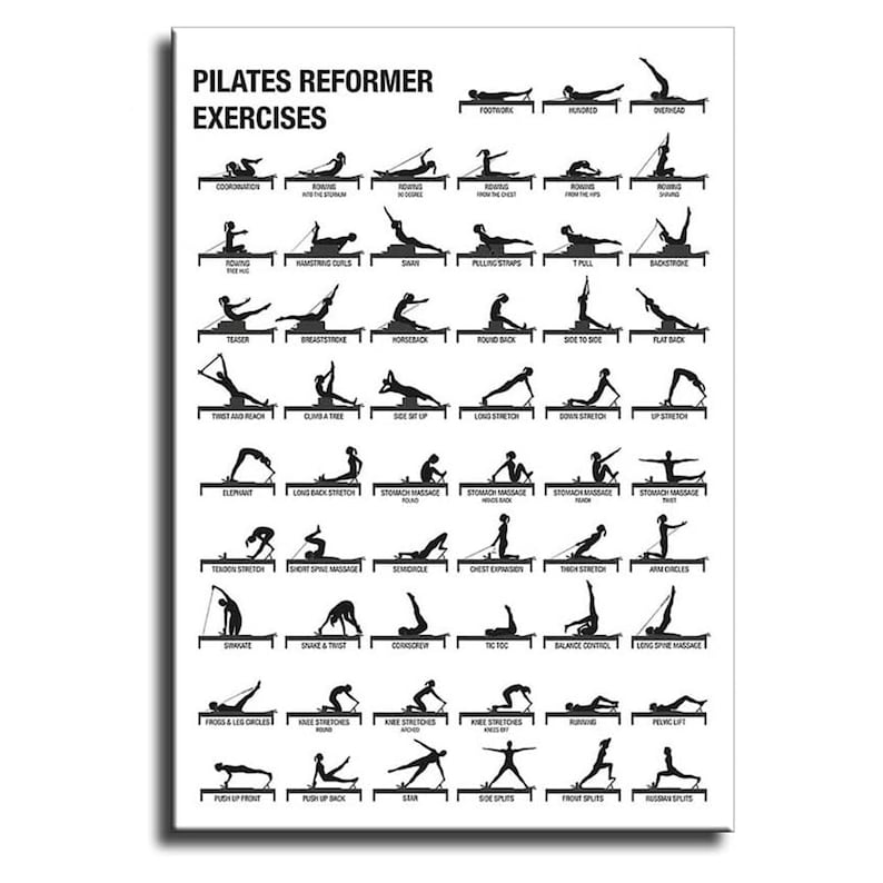 May include: A white poster titled PILATES REFORMER EXERCISES in black text, featuring a grid of numerous black silhouette illustrations showing various exercise positions performed on a pilates reformer machine with labels below each figure.