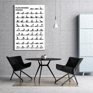 May include: A rectangular white wall poster featuring black text that reads Pilates Reformer Exercises, accompanied by a grid of black silhouette illustrations depicting various exercise poses performed on a Pilates reformer machine.
