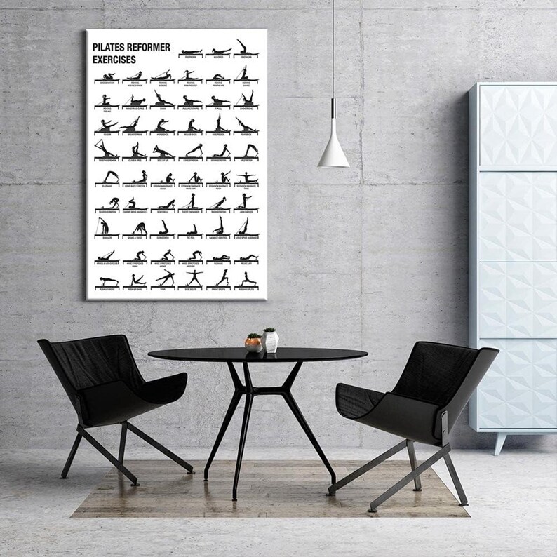 May include: A rectangular white wall poster featuring black text that reads Pilates Reformer Exercises, accompanied by a grid of black silhouette illustrations depicting various exercise poses performed on a Pilates reformer machine.