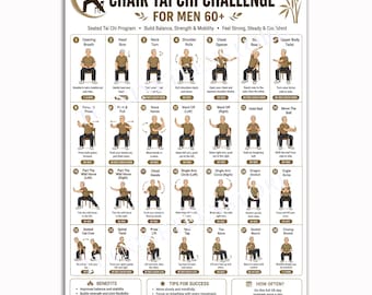 28 Day Chair Tai Chi Challenge Poster for Men 60+, Seated Exercise Fitness Chart