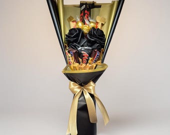 Bouquet of flowers, chocolate, sweets, gift ideas, gift for men, birthday, love, Father's Day, indulgent bouquet, gold chocolate bouquet