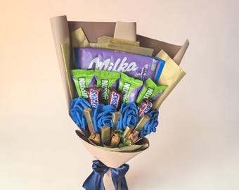 Ramo de flores, chocolate, dulces, ideas para regalos, regalo para hombres, cumpleaños, amor, Día del Padre, ramo indulgente, ramo de chocolate azul