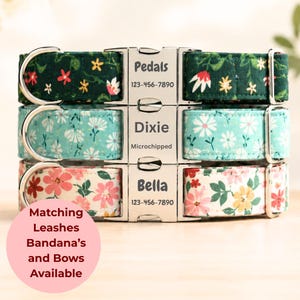 Conjunto de coleira e guia floral para cães com fivela personalizada e nome gravado. Presente ideal para donas de cachorros. Conjunto de coleira e guia para filhotes recém-nascidos em tecido de algodão com ajuste regulável.