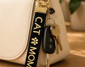 Portachiavi personalizzato per amanti dei gatti, con nome del gatto, realizzato a mano su nastro di cotone.