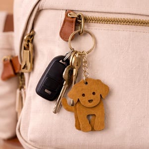 May include: A tan leather dog keychain with a happy face, attached to a keyring with keys and a car key fob. The keychain hangs from a beige backpack with a gold zipper and brown leather accents.