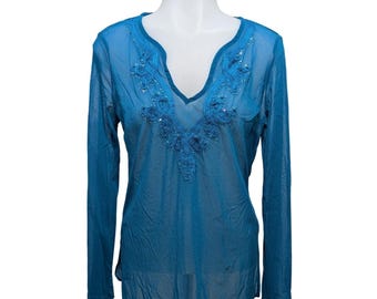 Top a rete New York & Company da donna, taglia S, blu, stile Y2K boho, con paillettes, scollo a V e maniche lunghe.