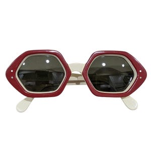 Vinatge Hexagon Sunglasses Red Cream Geometric Mod Statement Retro Eclectic