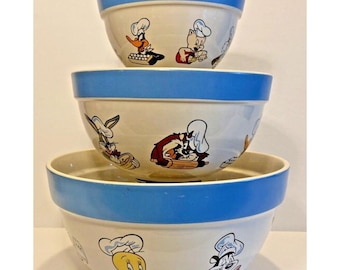 Warner Bros Looney Tunes Mixing Nesting Bowl Set Blue Ceramic Y2K Nostalgia