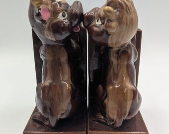 Elbro Japan Vintage Cow Bookends Brown Ceramic Anthropomorphic Set 50s Farmhouse