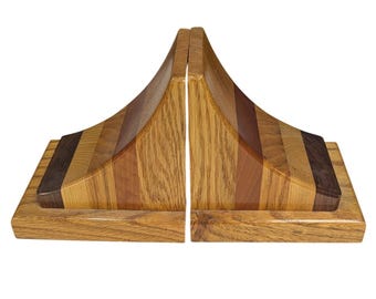 Wooden Bookends Unisex Brown Striped MCM Handcrafted Wood