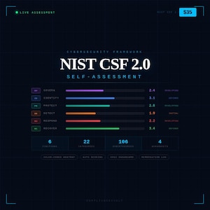 May include: A dark blue graphic displaying "NIST CSF 2.0 SELF-ASSESSMENT". It features progress bars and numerical data for categories such as "GOVERN", "IDENTIFY", and "RECOVER", with a grid background and various labels.
