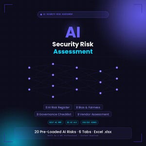 Op de afbeelding: Een digitale afbeelding met de titel "AI Security Risk Assessment" in witte en blauwgroene tekst. De afbeelding bevat een netwerkdiagram en verschillende gelabelde vakken, zoals "AI Risk Register" en "Bias & Fairness". De onderkant van de afbeelding vermeldt "20 Pre-Loaded AI Risks".