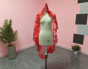 Sequin Lace Red Mantilla Veil, Waltz Length One Tier Bridal Veil, Embroidered Floral Scalloped Edge Wedding Veil