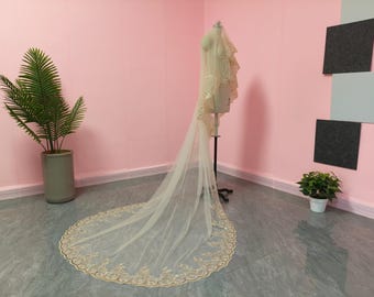 French Vintage Champagne Lace Mantilla Veil, Cathedral Wedding Spanish Lace Bridal Veil with Sequins