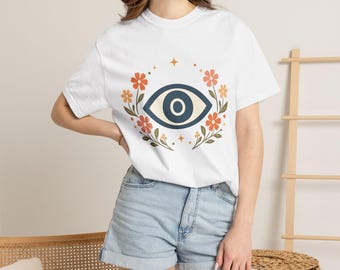 ボヘミアン風邪眼柄花柄シャツ、レトロな70年代風お守りシンボルTシャツ