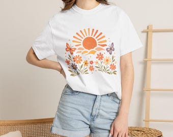 レトロな70年代風ひまわりと蝶のシャツ、ボヘミアン風ネイチャーグラフィックTシャツ