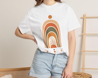 抽象的なアーチの太陽シャツ、レトロな70年代ボヘミアン風グラフィックTシャツ、アースカラー