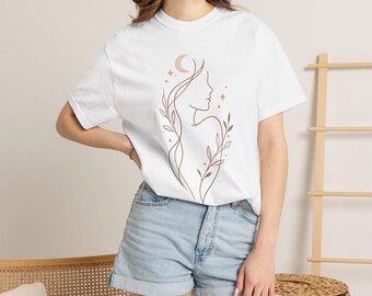 ミニマリスト ボヘミアン ラインアート Tシャツ、抽象的な女性の顔のTシャツ、植物と天体のデザイン