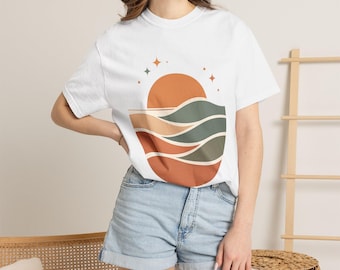 レトロボヘミアンオーシャンサンセットTシャツ、ミニマリストビーチウェーブグラフィックTシャツ