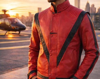Giacca da uomo in pelle rossa, icona pop, realizzata a mano / Cappotto da motociclista nero con strisce a V, ispirato al thriller musicale iconico / Stile leggendario del re del rock