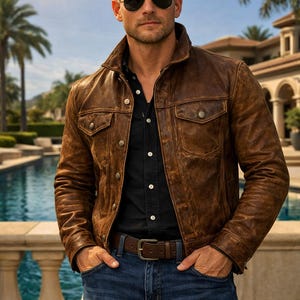 Herrjacka i sliten brun skinn | Vintage western cowboystil kappa | Premium ytterkläder i kohud