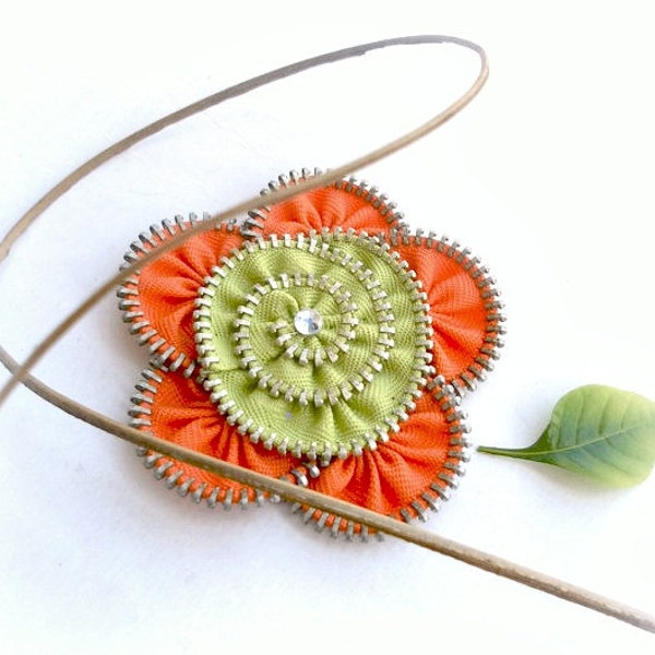 Flower Brooch Zipper Pin orange and green , combination color..size 2.8 in/ 7 cm - eco friendly,recycled jewelry