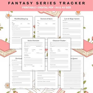 May include: A set of printable fantasy series trackers, including sections for worldbuilding, factions, races, lore, character details, and series overviews. The text "FANTASY SERIES TRACKER" is at the top. The pages are decorated with floral elements.