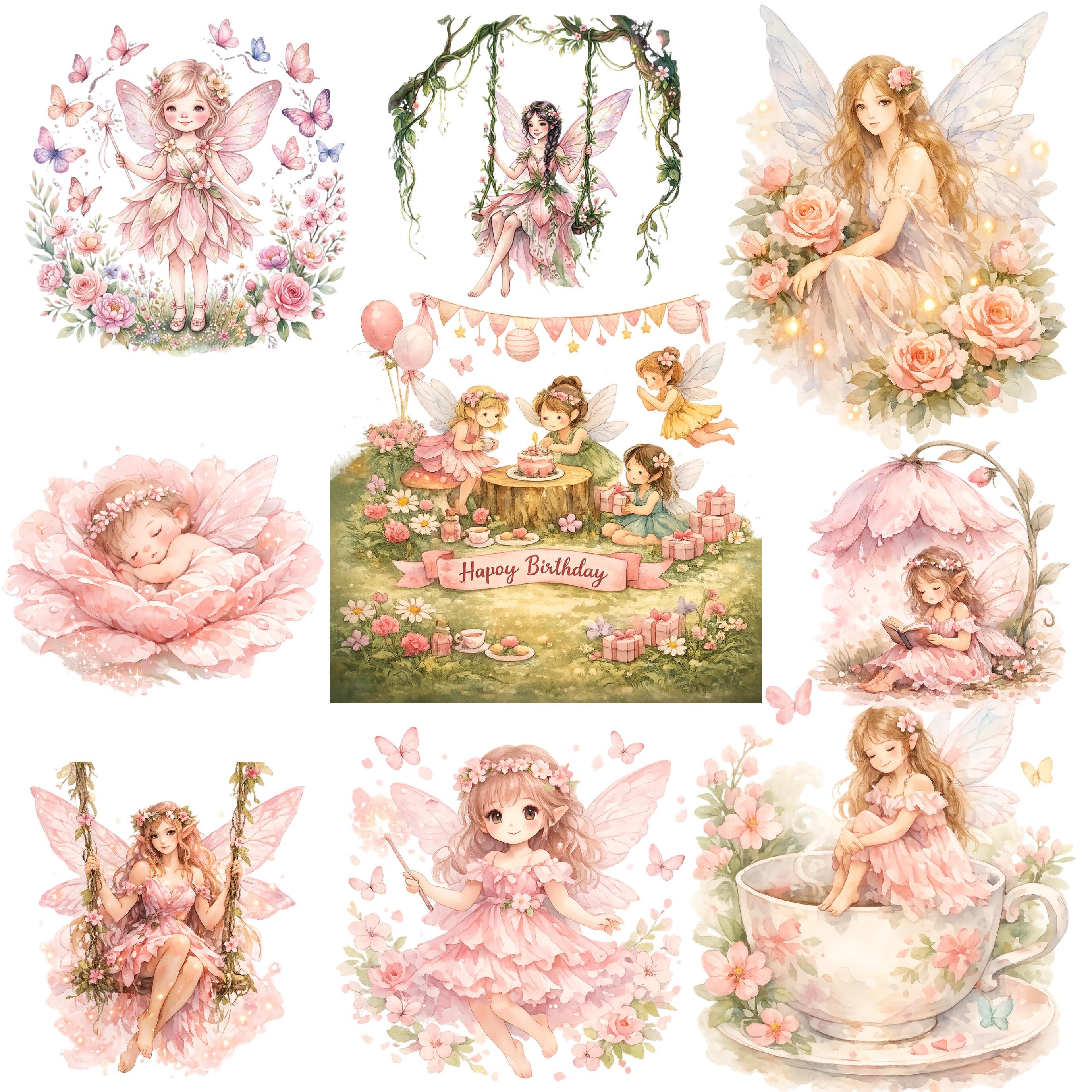 Watercolor Magical Garden Fairies Clipart Bundle PNG | Cute Nature and ...