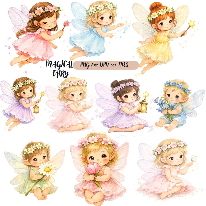 Watercolor Magical Garden Fairies Clipart Bundle PNG | Cute Nature and ...