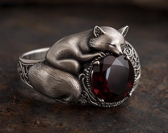Anillo Zorro Durmiente con Piedra Preciosa Roja / Joyería Romántica Oscura de Plata / Regalo