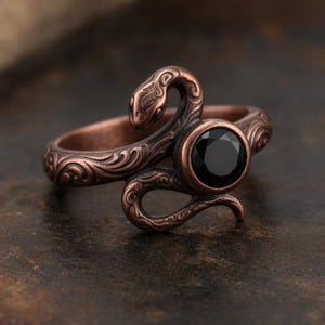 Black Round Gemstone Engraved Serpent Ring | Occult Silver Jewelry | Pagan Gift