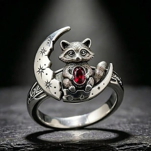 Crescent Moon Raccoon Antique Finish Ruby Silver Ring