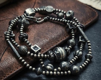 80cm Vintage Old Money Solid 925 Sterling Silver Beaded Necklace, Fluted Melon & Spiral Swirl Bead Navajo Pearl Sweater Chain