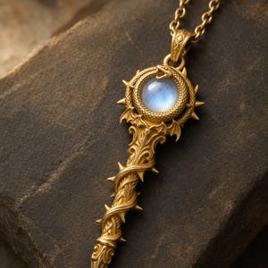 May include: A gold-toned pendant on a chain featuring a central circular moonstone cabochon encircled by a serpent biting its own tail. The pendant has a textured, thorny stem design with small wing-like protrusions at the top and a bail.