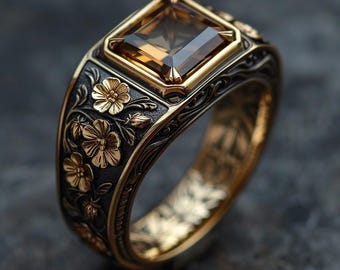 Gold Plated Floral Brown Gemstone Single-Band Ring | Gothic Ring | Dark Botanical